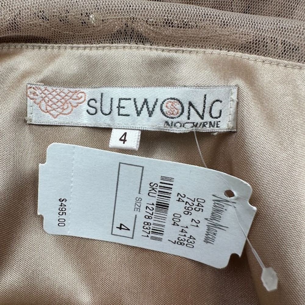 Sue Wong Dress Womens 4 Beige Beaded Long Sleeve Cocktail Wedding Guest Gala - Picture 9 of 15